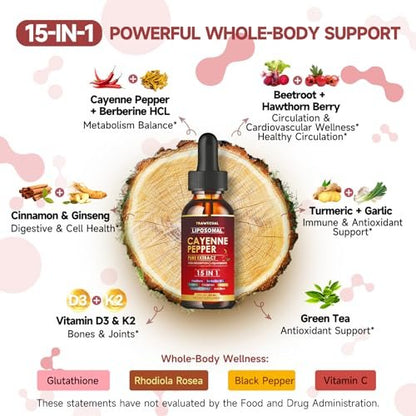 15-in-1 Liposomale Cayennepfeffer-Tropfen mit Vitamin D3 K2, Weißdorn, Berberin HCL, Rote Bete, Kurkuma, Zimt – Unterstützung für Verdauung und Kreislauf – 60 ml für 30 Tage