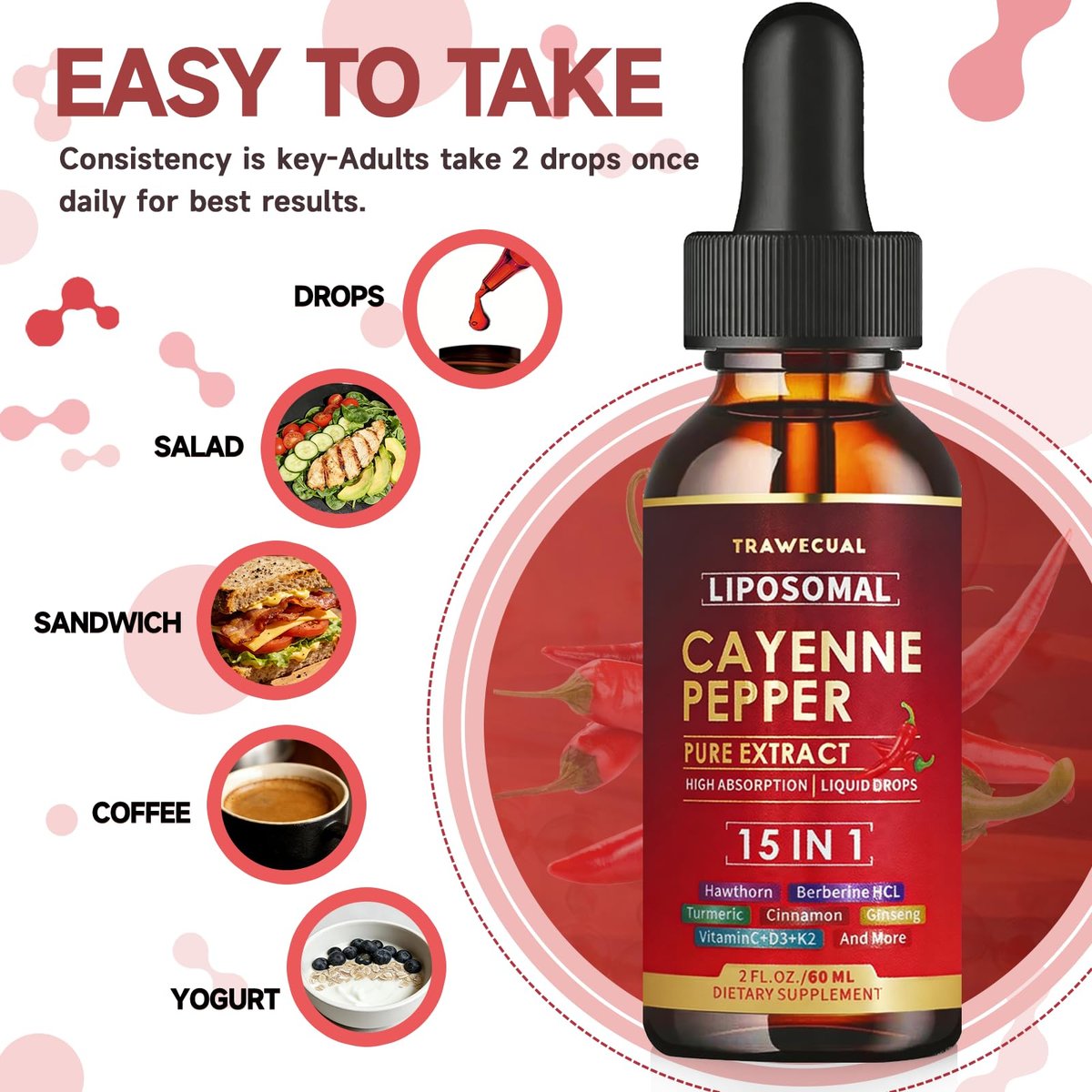 15-in-1 Liposomale Cayennepfeffer-Tropfen mit Vitamin D3 K2, Weißdorn, Berberin HCL, Rote Bete, Kurkuma, Zimt – Unterstützung für Verdauung und Kreislauf – 60 ml für 30 Tage