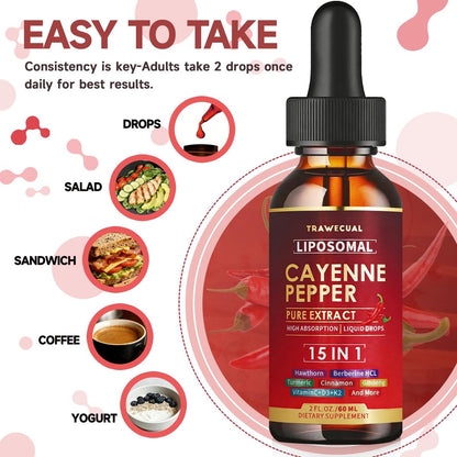 15-in-1 Liposomale Cayennepfeffer-Tropfen mit Vitamin D3 K2, Weißdorn, Berberin HCL, Rote Bete, Kurkuma, Zimt – Unterstützung für Verdauung und Kreislauf – 60 ml für 30 Tage