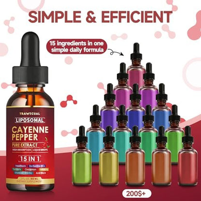 15-in-1 Liposomale Cayennepfeffer-Tropfen mit Vitamin D3 K2, Weißdorn, Berberin HCL, Rote Bete, Kurkuma, Zimt – Unterstützung für Verdauung und Kreislauf – 60 ml für 30 Tage