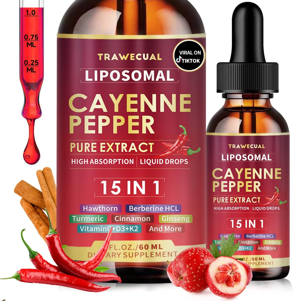 15-in-1 Liposomale Cayennepfeffer-Tropfen mit Vitamin D3 K2, Weißdorn, Berberin HCL, Rote Bete, Kurkuma, Zimt – Unterstützung für Verdauung und Kreislauf – 60 ml für 30 Tage