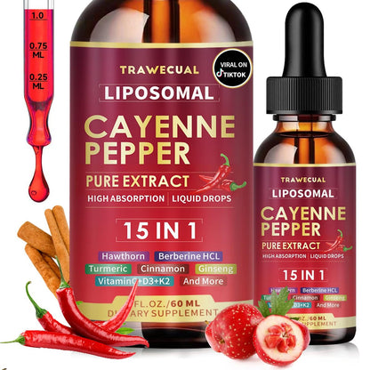 15-in-1 Liposomale Cayennepfeffer-Tropfen mit Vitamin D3 K2, Weißdorn, Berberin HCL, Rote Bete, Kurkuma, Zimt – Unterstützung für Verdauung und Kreislauf – 60 ml für 30 Tage