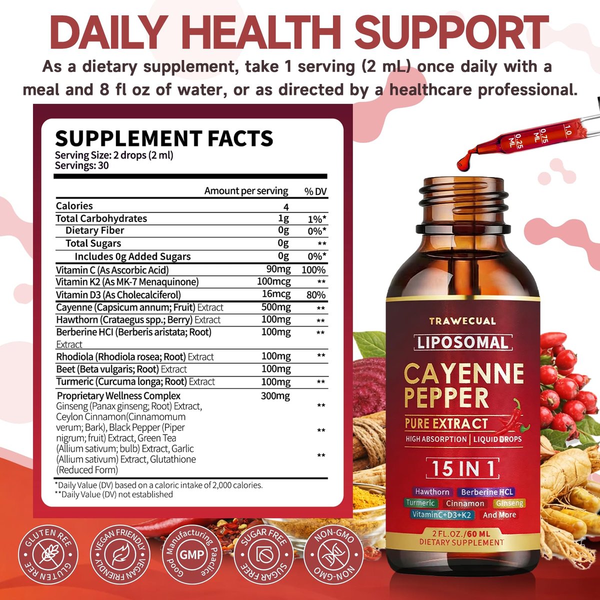 15-in-1 Liposomale Cayennepfeffer-Tropfen mit Vitamin D3 K2, Weißdorn, Berberin HCL, Rote Bete, Kurkuma, Zimt – Unterstützung für Verdauung und Kreislauf – 60 ml für 30 Tage