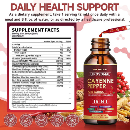 15-in-1 Liposomale Cayennepfeffer-Tropfen mit Vitamin D3 K2, Weißdorn, Berberin HCL, Rote Bete, Kurkuma, Zimt – Unterstützung für Verdauung und Kreislauf – 60 ml für 30 Tage