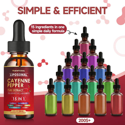 15-in-1 Liposomale Cayennepfeffer-Tropfen mit Vitamin D3 K2, Weißdorn, Berberin HCL, Rote Bete, Kurkuma, Zimt – Unterstützung für Verdauung und Kreislauf – 60 ml für 30 Tage