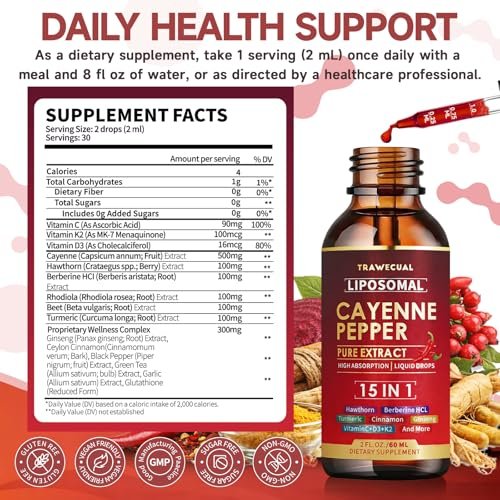 15-in-1 Liposomale Cayennepfeffer-Tropfen mit Vitamin D3 K2, Weißdorn, Berberin HCL, Rote Bete, Kurkuma, Zimt – Unterstützung für Verdauung und Kreislauf – 60 ml für 30 Tage