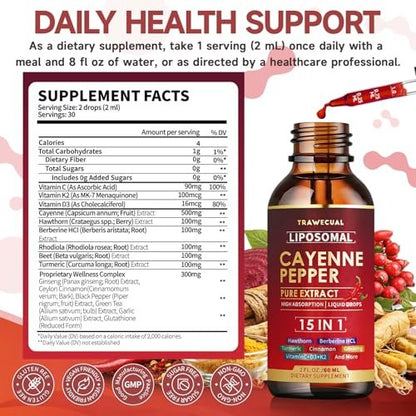 15-in-1 Liposomale Cayennepfeffer-Tropfen mit Vitamin D3 K2, Weißdorn, Berberin HCL, Rote Bete, Kurkuma, Zimt – Unterstützung für Verdauung und Kreislauf – 60 ml für 30 Tage