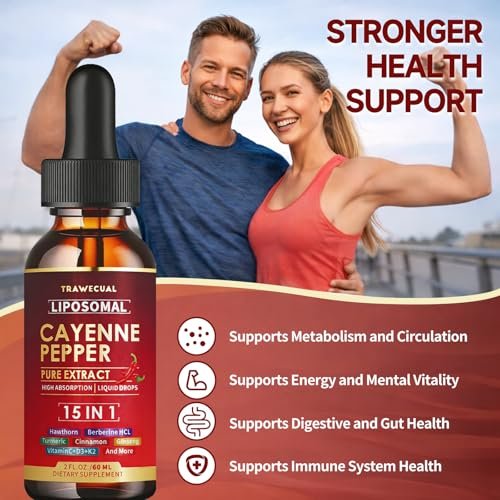 15-in-1 Liposomale Cayennepfeffer-Tropfen mit Vitamin D3 K2, Weißdorn, Berberin HCL, Rote Bete, Kurkuma, Zimt – Unterstützung für Verdauung und Kreislauf – 60 ml für 30 Tage