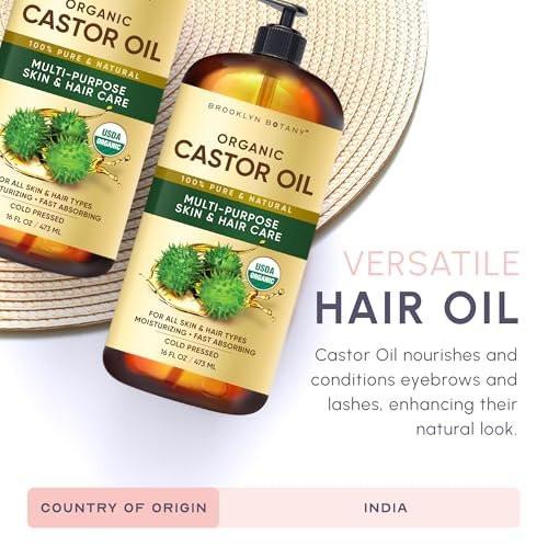 Brooklyn Botany Kaltgepresstes Bio-Rizinusöl | 16 Fl Oz | Für Haare, Gesicht & Körper | 100% Rein & Natürlich | Trägeröl | Aromatherapie | Massage | Ayurvedische Haarpflege | Hexanfrei