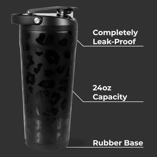 HydroJug 24 oz Edelstahl Shaker – Isoliert, auslaufsicher, BPA-frei mit leiser Mischgitter – Keine Klumpen, kein Lärm – Premium Shaker für Fitness, Sport & Alltag, Schwarz Leopard