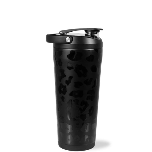 HydroJug 24 oz Edelstahl Shaker – Isoliert, auslaufsicher, BPA-frei mit leiser Mischgitter – Keine Klumpen, kein Lärm – Premium Shaker für Fitness, Sport & Alltag, Schwarz Leopard