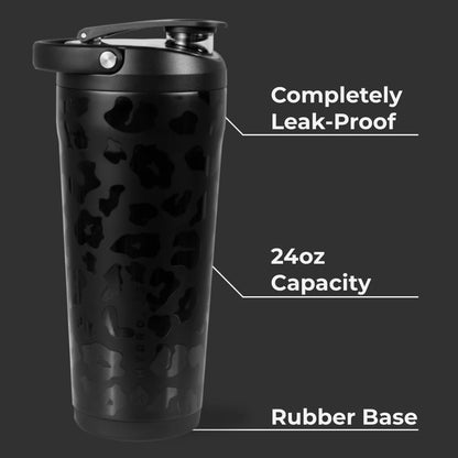 HydroJug 24 oz Edelstahl Shaker – Isoliert, auslaufsicher, BPA-frei mit leiser Mischgitter – Keine Klumpen, kein Lärm – Premium Shaker für Fitness, Sport & Alltag, Schwarz Leopard