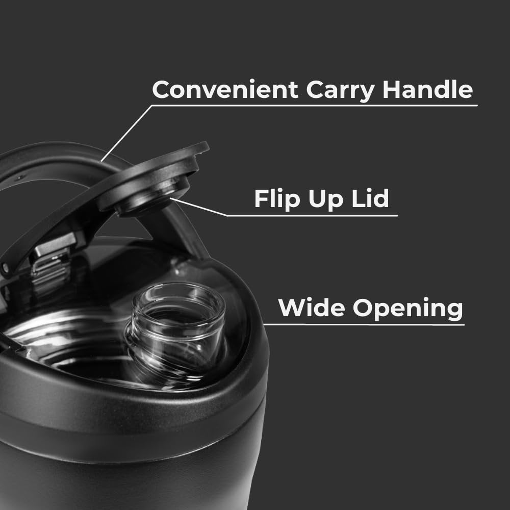 HydroJug 24 oz Edelstahl Shaker – Isoliert, Auslaufsicher, BPA-frei mit Leiser Mischgitter – Keine Klumpen, Kein Lärm – Premium Shaker für Fitness, Sport & Alltag, Schwarz