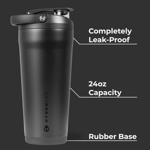 HydroJug 24 oz Edelstahl Shaker – Isoliert, Auslaufsicher, BPA-frei mit Leiser Mischgitter – Keine Klumpen, Kein Lärm – Premium Shaker für Fitness, Sport & Alltag, Schwarz