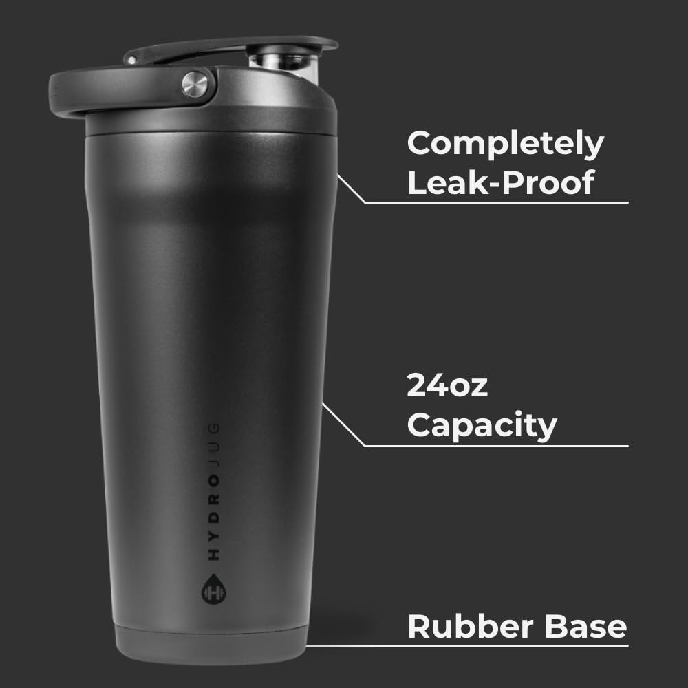 HydroJug 24 oz Edelstahl Shaker – Isoliert, Auslaufsicher, BPA-frei mit Leiser Mischgitter – Keine Klumpen, Kein Lärm – Premium Shaker für Fitness, Sport & Alltag, Schwarz