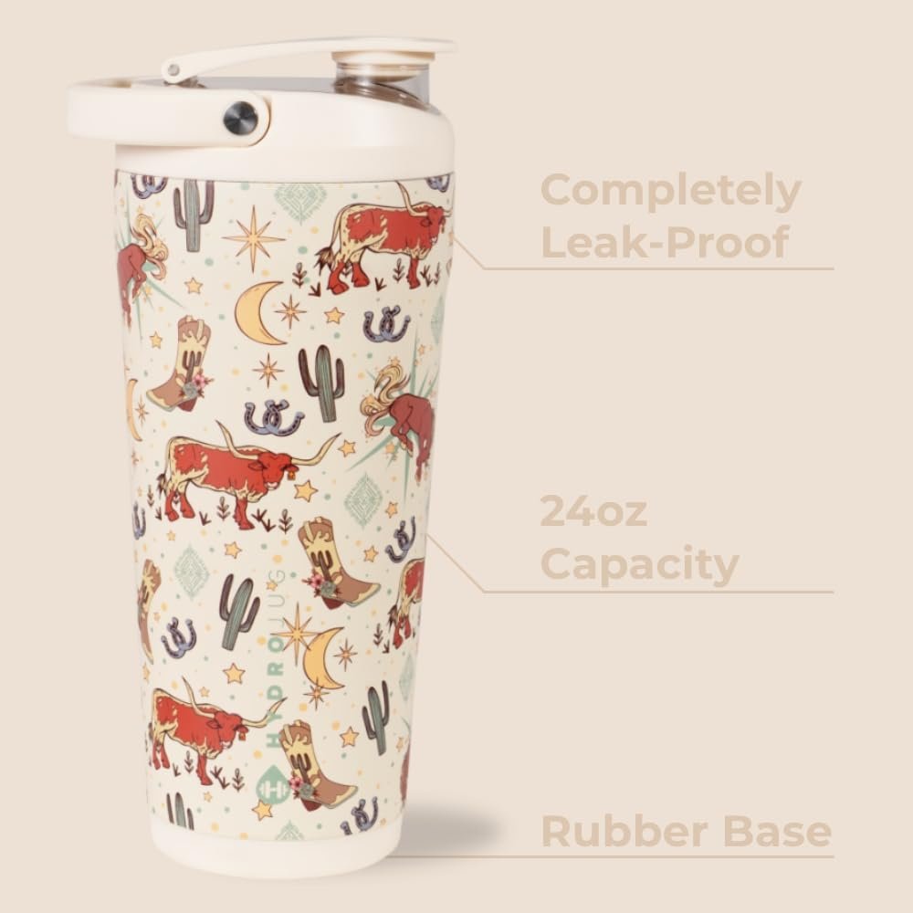 HydroJug 24 oz Edelstahl Shaker – Isoliert, auslaufsicher, BPA-frei mit leiser Mischgitter – Keine Klumpen, kein Lärm – Premium Shaker für Fitness, Sport & Alltag, Rodeo