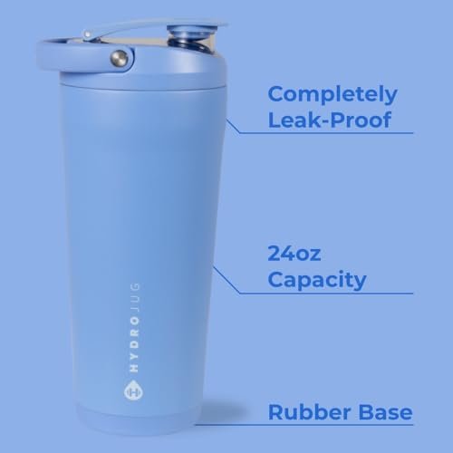 HydroJug 24 oz Edelstahl Shaker – Isoliert, auslaufsicher, BPA-frei mit leiser Mischgitter – Keine Klumpen, kein Lärm – Premium Shaker für Fitness, Sport & Alltag, Hellblau