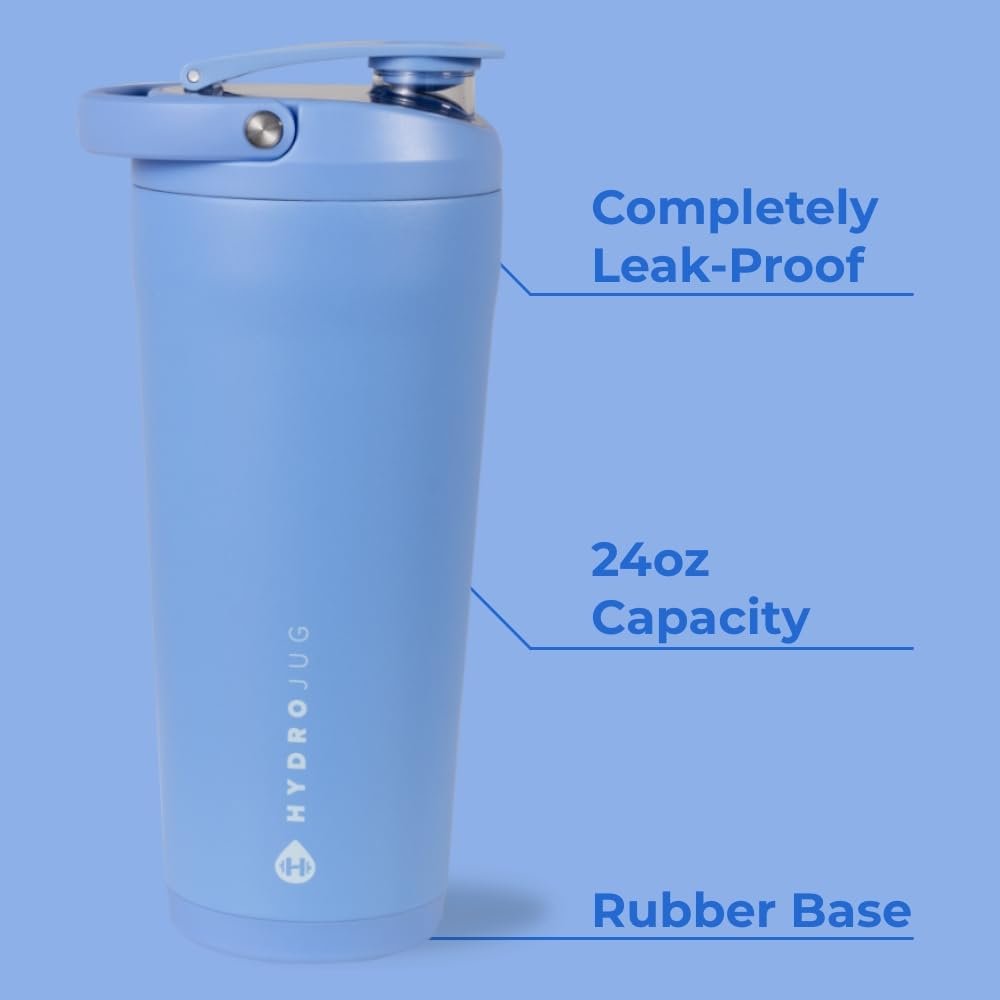 HydroJug 24 oz Edelstahl Shaker – Isoliert, auslaufsicher, BPA-frei mit leiser Mischgitter – Keine Klumpen, kein Lärm – Premium Shaker für Fitness, Sport & Alltag, Hellblau
