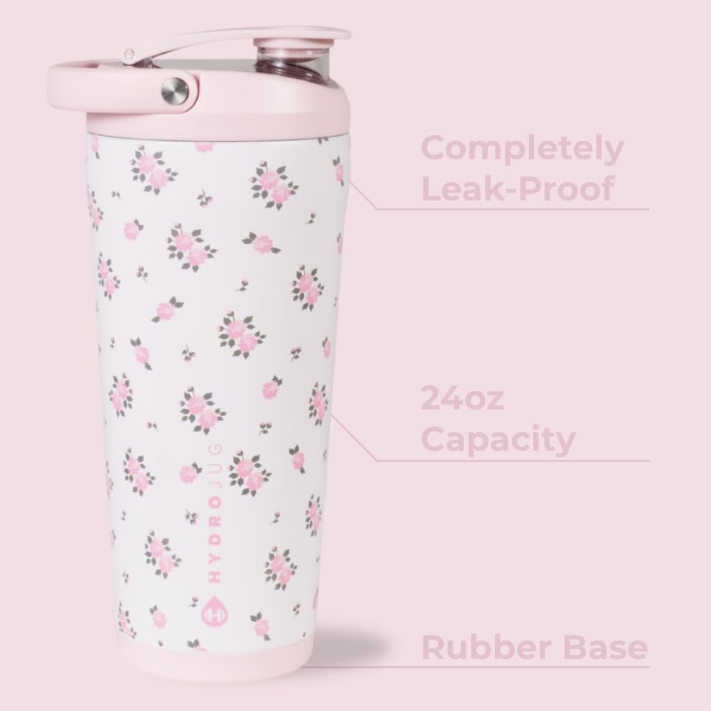 HydroJug 24 oz Edelstahl Shaker – Isoliert, auslaufsicher, BPA-frei mit leiser Mischgitter – Keine Klumpen, kein Lärm – Premium Shaker für Fitness, Sport & Alltag, Wildrose