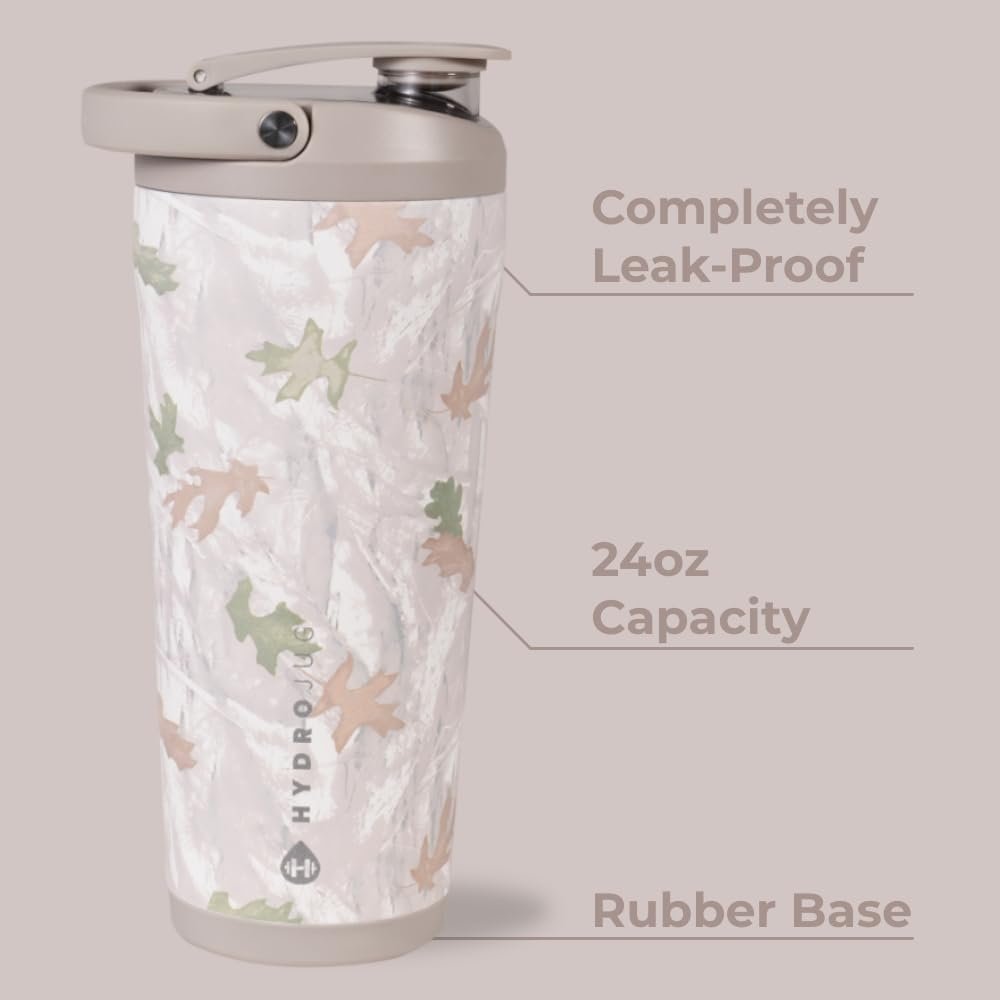 HydroJug 24 oz Edelstahl Shaker – Isoliert, auslaufsicher, BPA-frei mit leiser Mischgitter – Keine Klumpen, kein Lärm – Premium Shaker für Fitness, Sport & Alltag, Camo