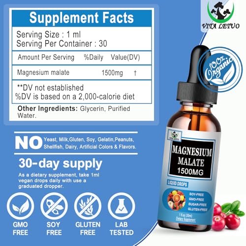 Magnesium Malat Flüssig-Tropfen | Hochabsorbierendes flüssiges Magnesiumpräparat für gesunde Energie & Muskelunterstützung - Magnesium Malat 1500 mg für Erwachsene, Frauen & Männer | Nicht-GVO - 30 Portionen