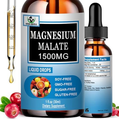 Magnesium Malat Flüssig-Tropfen | Hochabsorbierendes flüssiges Magnesiumpräparat für gesunde Energie & Muskelunterstützung - Magnesium Malat 1500 mg für Erwachsene, Frauen & Männer | Nicht-GVO - 30 Portionen