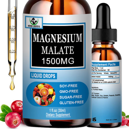 Magnesium Malat Flüssig-Tropfen | Hochabsorbierendes flüssiges Magnesiumpräparat für gesunde Energie & Muskelunterstützung - Magnesium Malat 1500 mg für Erwachsene, Frauen & Männer | Nicht-GVO - 30 Portionen