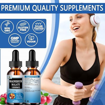 Magnesium Malat Flüssig-Tropfen | Hochabsorbierendes flüssiges Magnesiumpräparat für gesunde Energie & Muskelunterstützung - Magnesium Malat 1500 mg für Erwachsene, Frauen & Männer | Nicht-GVO - 30 Portionen