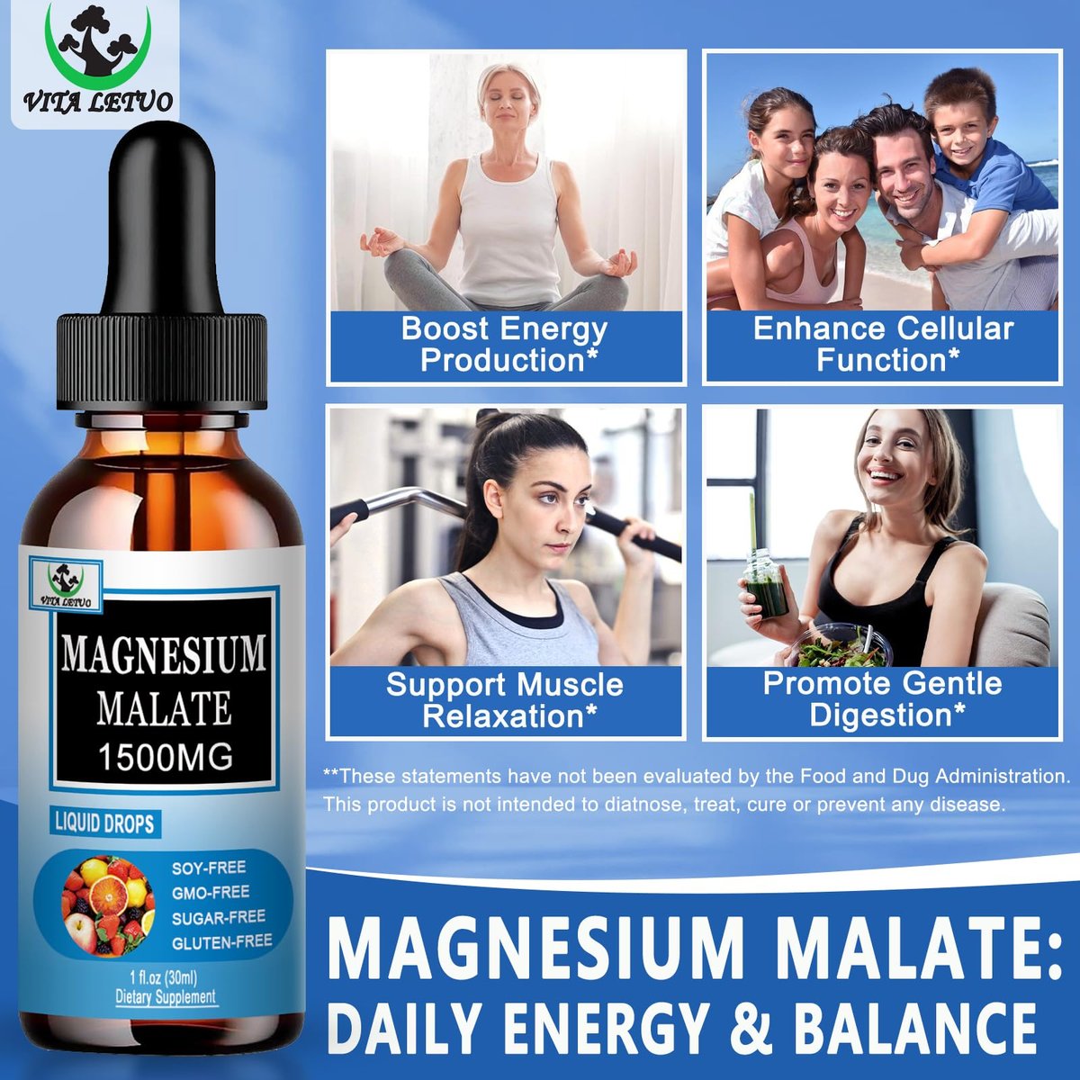 Magnesium Malat Flüssig-Tropfen | Hochabsorbierendes flüssiges Magnesiumpräparat für gesunde Energie & Muskelunterstützung - Magnesium Malat 1500 mg für Erwachsene, Frauen & Männer | Nicht-GVO - 30 Portionen