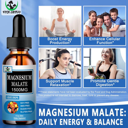 Magnesium Malat Flüssig-Tropfen | Hochabsorbierendes flüssiges Magnesiumpräparat für gesunde Energie & Muskelunterstützung - Magnesium Malat 1500 mg für Erwachsene, Frauen & Männer | Nicht-GVO - 30 Portionen