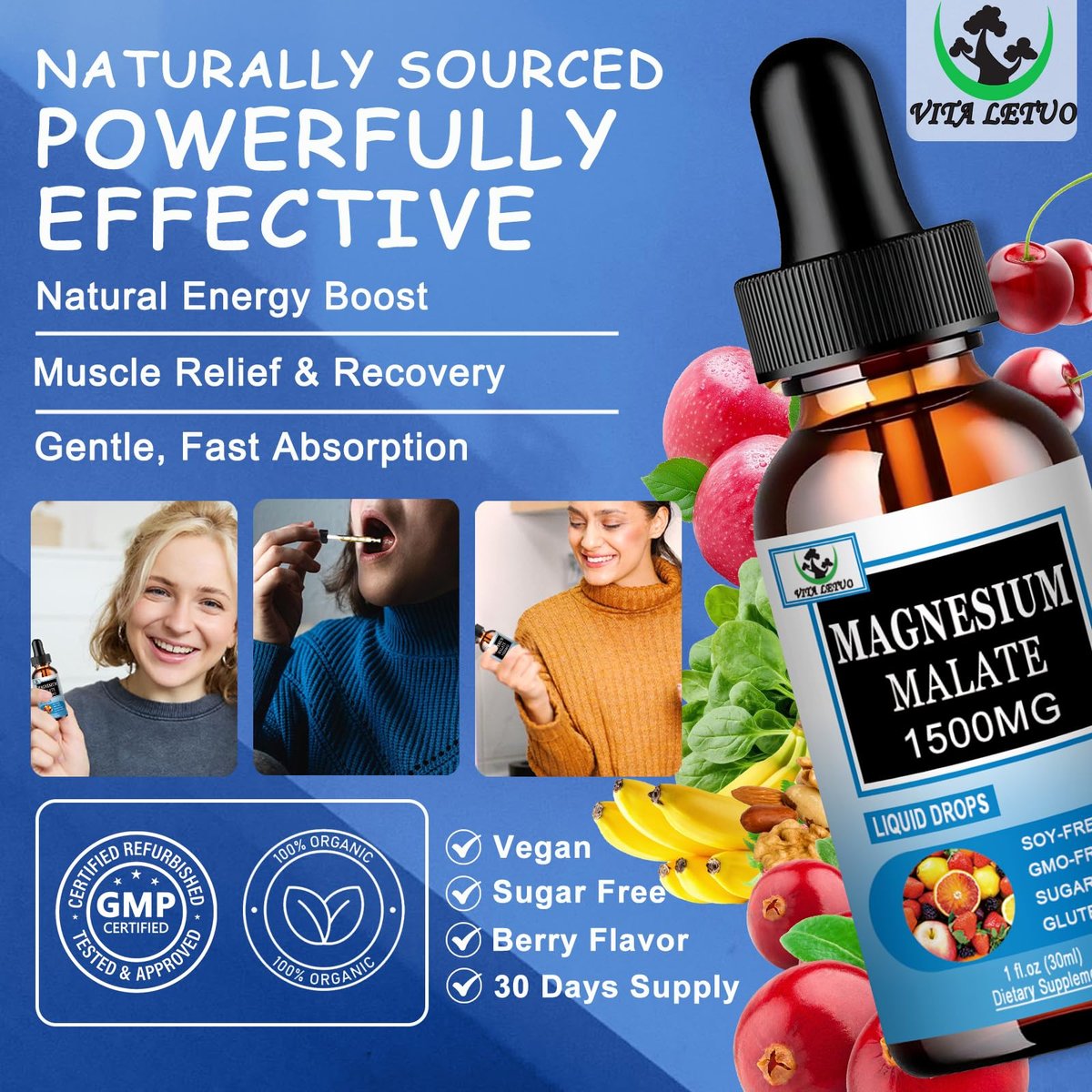 Magnesium Malat Flüssig-Tropfen | Hochabsorbierendes flüssiges Magnesiumpräparat für gesunde Energie & Muskelunterstützung - Magnesium Malat 1500 mg für Erwachsene, Frauen & Männer | Nicht-GVO - 30 Portionen
