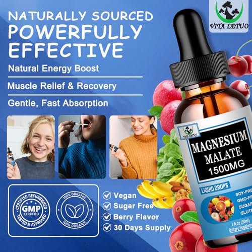 Magnesium Malat Flüssig-Tropfen | Hochabsorbierendes flüssiges Magnesiumpräparat für gesunde Energie & Muskelunterstützung - Magnesium Malat 1500 mg für Erwachsene, Frauen & Männer | Nicht-GVO - 30 Portionen