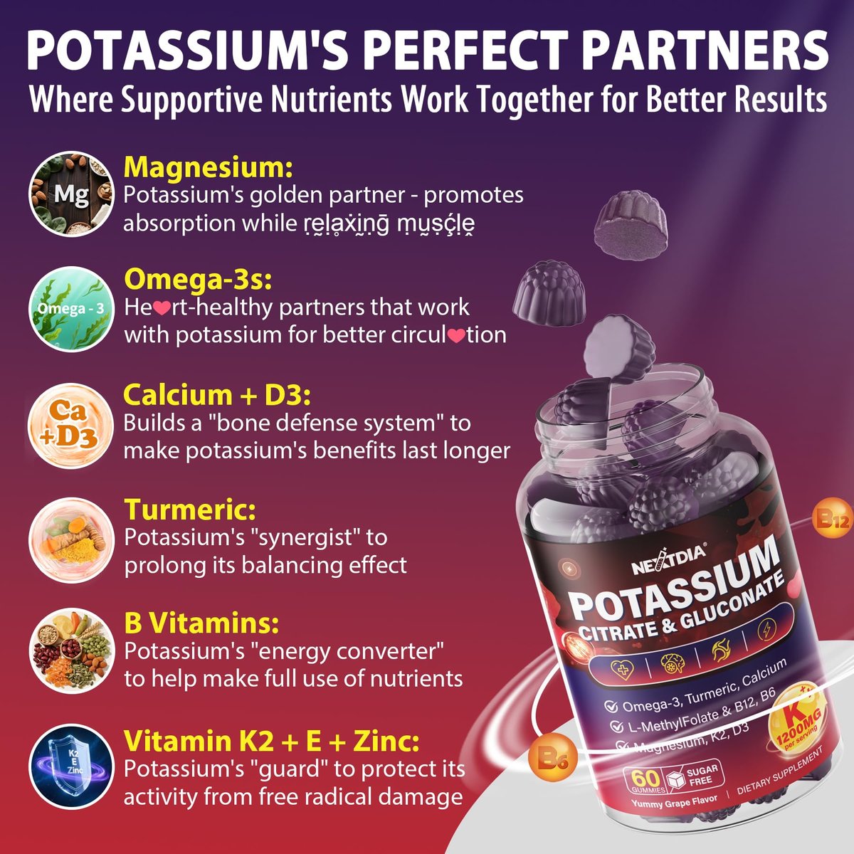 Nextdia Kaliumcitrat und Kaliumgluconat Gummis, 1200mg, mit Magnesium, Omega-3, Calcium, Vitamin D3 K2 B12 E B6, Folsäure – für Muskeln, Nerven und Knochen – 60 Stück