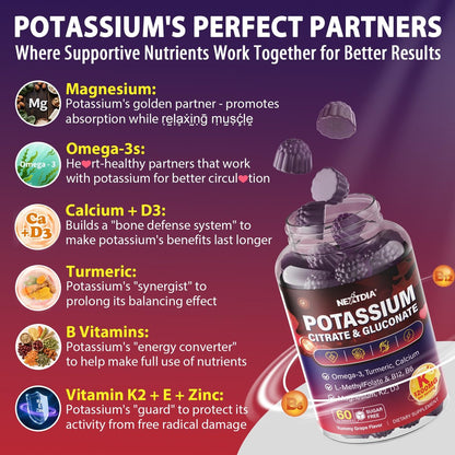 Nextdia Kaliumcitrat und Kaliumgluconat Gummis, 1200mg, mit Magnesium, Omega-3, Calcium, Vitamin D3 K2 B12 E B6, Folsäure – für Muskeln, Nerven und Knochen – 60 Stück