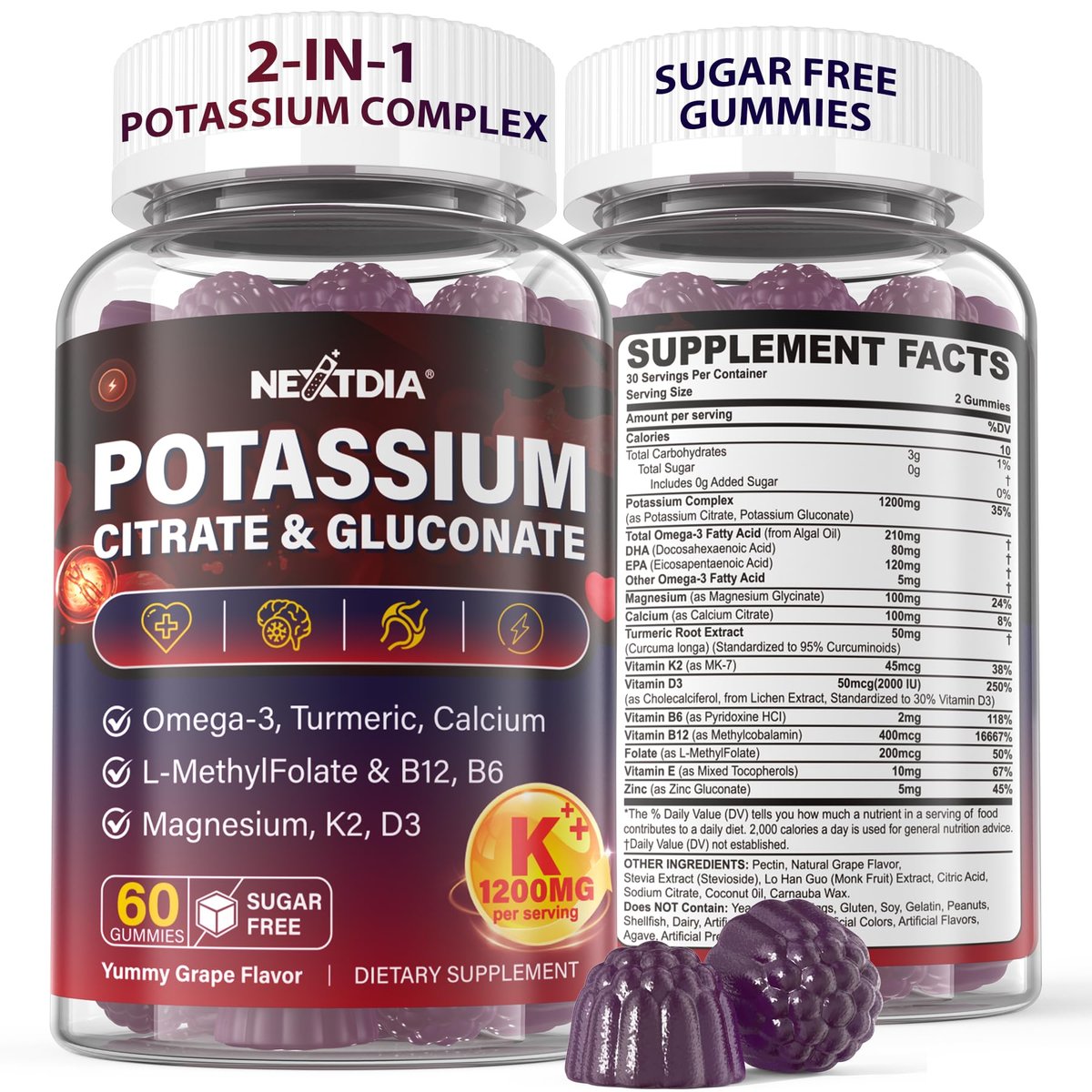 Nextdia Kaliumcitrat und Kaliumgluconat Gummis, 1200mg, mit Magnesium, Omega-3, Calcium, Vitamin D3 K2 B12 E B6, Folsäure – für Muskeln, Nerven und Knochen – 60 Stück