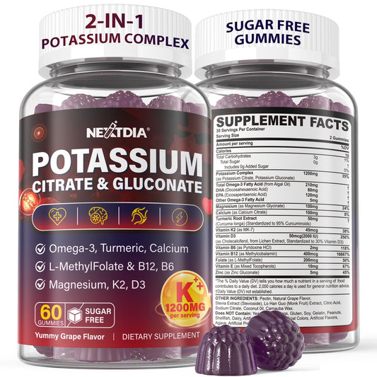 Nextdia Kaliumcitrat und Kaliumgluconat Gummis, 1200mg, mit Magnesium, Omega-3, Calcium, Vitamin D3 K2 B12 E B6, Folsäure – für Muskeln, Nerven und Knochen – 60 Stück