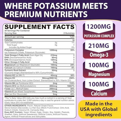 Nextdia Kaliumcitrat und Kaliumgluconat Gummis, 1200mg, mit Magnesium, Omega-3, Calcium, Vitamin D3 K2 B12 E B6, Folsäure – für Muskeln, Nerven und Knochen – 60 Stück