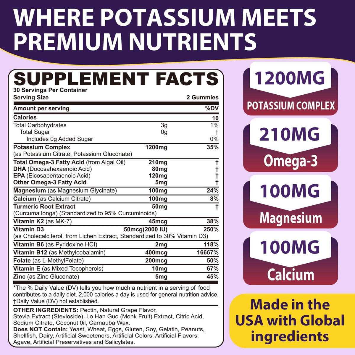Nextdia Kaliumcitrat und Kaliumgluconat Gummis, 1200mg, mit Magnesium, Omega-3, Calcium, Vitamin D3 K2 B12 E B6, Folsäure – für Muskeln, Nerven und Knochen – 60 Stück