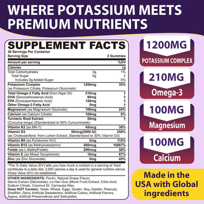 Nextdia Kaliumcitrat und Kaliumgluconat Gummis, 1200mg, mit Magnesium, Omega-3, Calcium, Vitamin D3 K2 B12 E B6, Folsäure – für Muskeln, Nerven und Knochen – 60 Stück