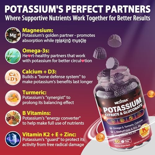 Nextdia Kaliumcitrat und Kaliumgluconat Gummis, 1200mg, mit Magnesium, Omega-3, Calcium, Vitamin D3 K2 B12 E B6, Folsäure – für Muskeln, Nerven und Knochen – 60 Stück