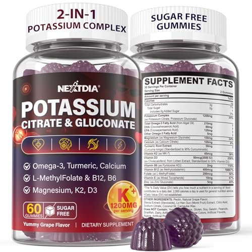 Nextdia Kaliumcitrat und Kaliumgluconat Gummis, 1200mg, mit Magnesium, Omega-3, Calcium, Vitamin D3 K2 B12 E B6, Folsäure – für Muskeln, Nerven und Knochen – 60 Stück
