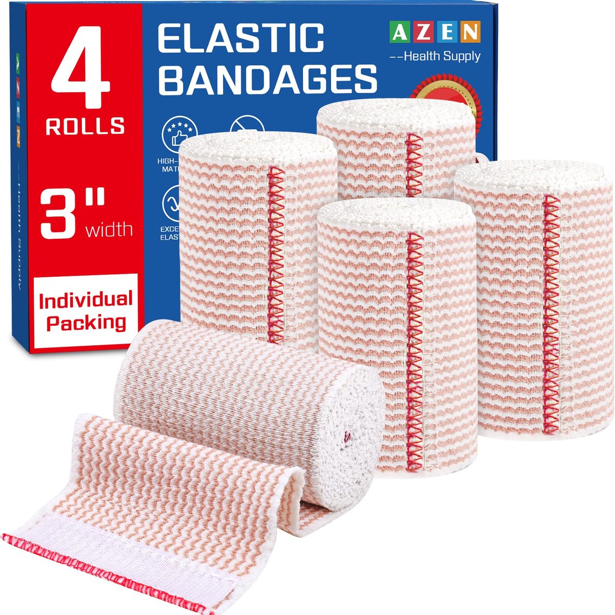 AZEN Premium 4er-Pack elastische Binden 7,5 cm, Kompressionsbandagen für Beine, Lymphödem-Wickel für Beine, Knöchel, Knie, Bauch, Körper