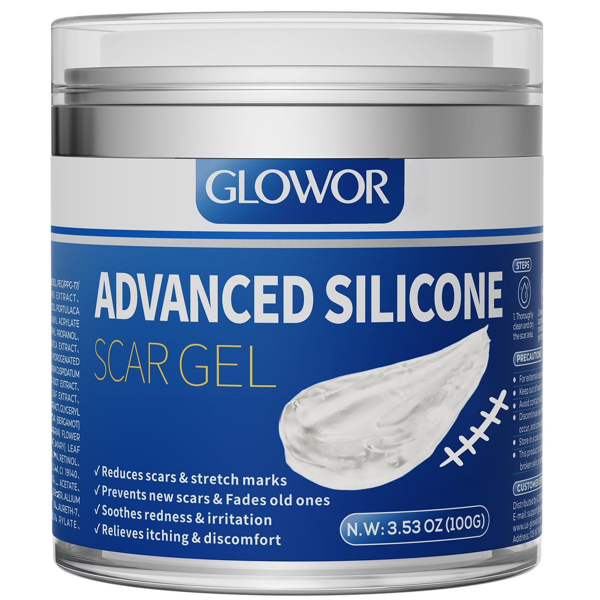 Glowor Silikon-Gel für Narben – Fortschrittliche Narbencreme für Gesicht & Körper – Reduziert das Erscheinungsbild von alten & neuen Narben, Aknenarben, Operationsnarben, Verbrennungen, Verletzungen, Kaiserschnittnarben – 100 g