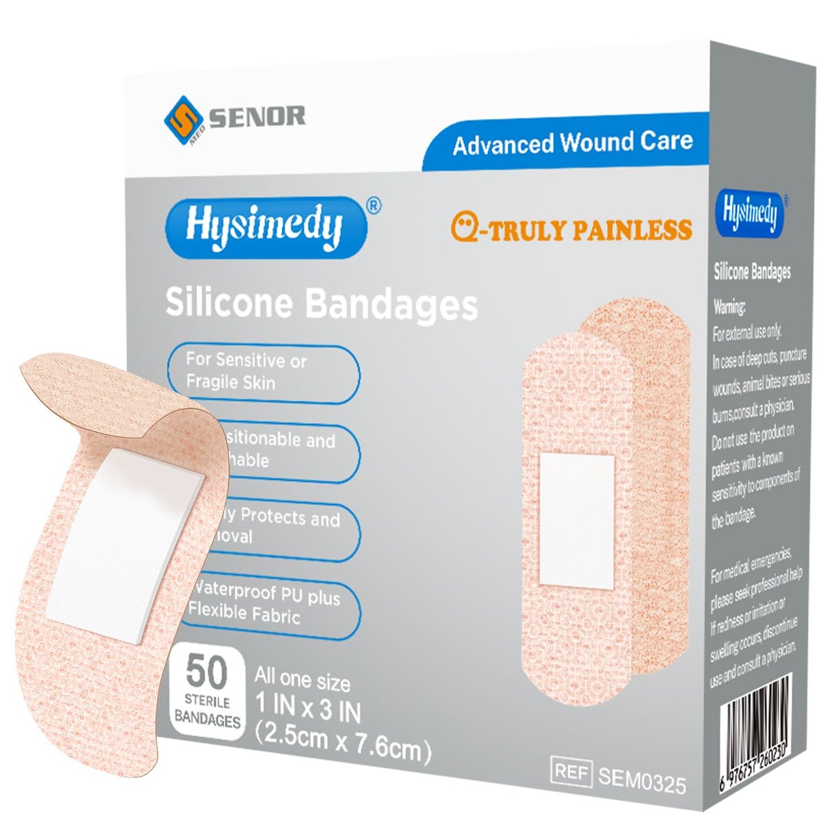 Hysimedy Silikon-Pflaster für empfindliche Haut 1"x3" 50 Stück – Flexible Stoffpflaster, latexfrei, hypoallergen, atmungsaktiv, kleine Wundpflaster für schmerzfreies Entfernen, ideal für Senioren und Kinder