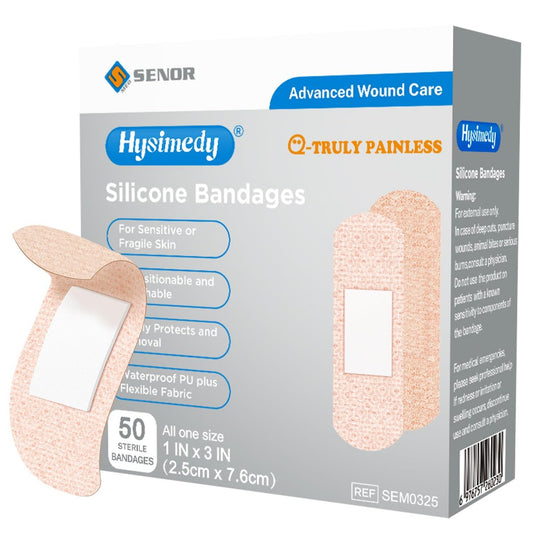 Hysimedy Silikon-Pflaster für empfindliche Haut 1"x3" 50 Stück – Flexible Stoffpflaster, latexfrei, hypoallergen, atmungsaktiv, kleine Wundpflaster für schmerzfreies Entfernen, ideal für Senioren und Kinder