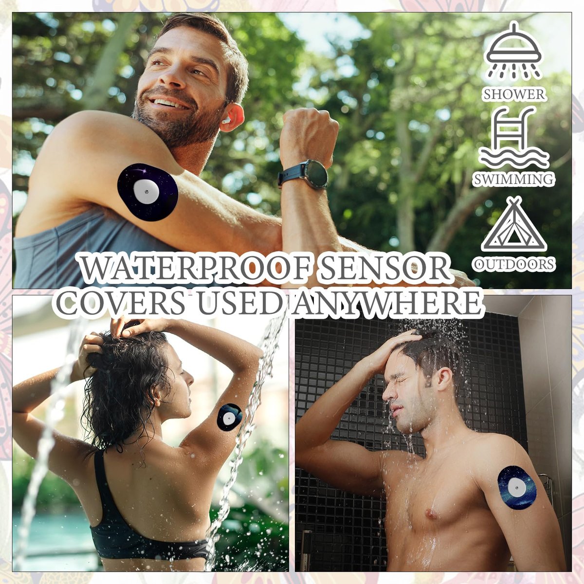 FuWeave 36er-Pack Klebepflaster mit Sternenhimmel-Design, wasserdichte CGM-Abdeckung kompatibel mit Dexcom G7, schweißresistente bunte Sensorschutzfolie mit geteiltem Träger, CGM-Tape