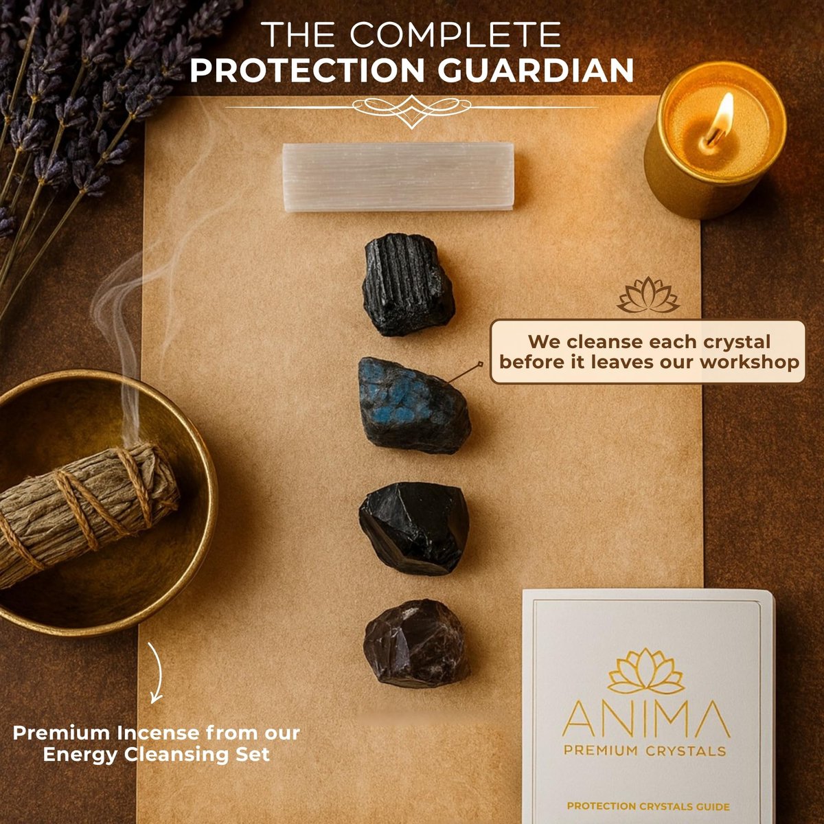 Anima Premium Schutz-Set für Energie-Schirmung: Großer Roh-Obsidian, schwarzer Turmalin, Labradorit, Rauchquarz & Selenit-Stab – inkl. Holzgeschenkbox und Anleitungsheft