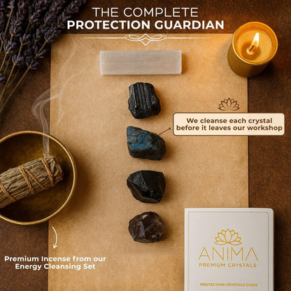Anima Premium Schutz-Set für Energie-Schirmung: Großer Roh-Obsidian, schwarzer Turmalin, Labradorit, Rauchquarz & Selenit-Stab – inkl. Holzgeschenkbox und Anleitungsheft