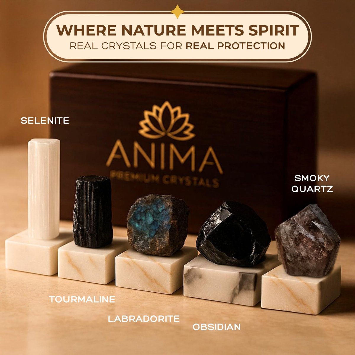 Anima Premium Schutz-Set für Energie-Schirmung: Großer Roh-Obsidian, schwarzer Turmalin, Labradorit, Rauchquarz & Selenit-Stab – inkl. Holzgeschenkbox und Anleitungsheft