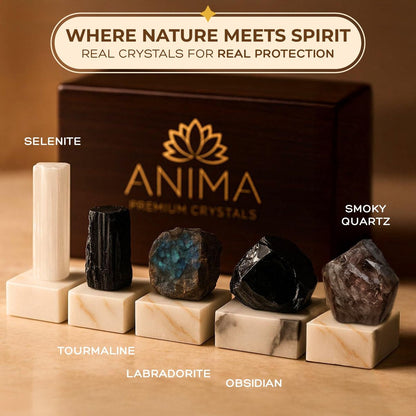Anima Premium Schutz-Set für Energie-Schirmung: Großer Roh-Obsidian, schwarzer Turmalin, Labradorit, Rauchquarz & Selenit-Stab – inkl. Holzgeschenkbox und Anleitungsheft